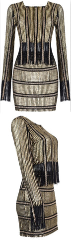 2 Pc Fringed Gold Top & Skirt Set