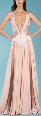 Low-Cut Beaded Stretch Mesh Gown