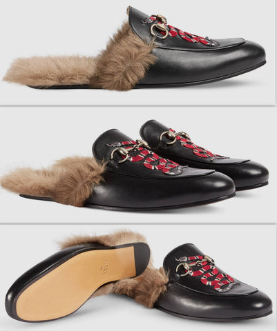 Princetown Fur lined Leather Embroidered Snake Slipper in Black - DESIGNER INSPIRED FASHIONS