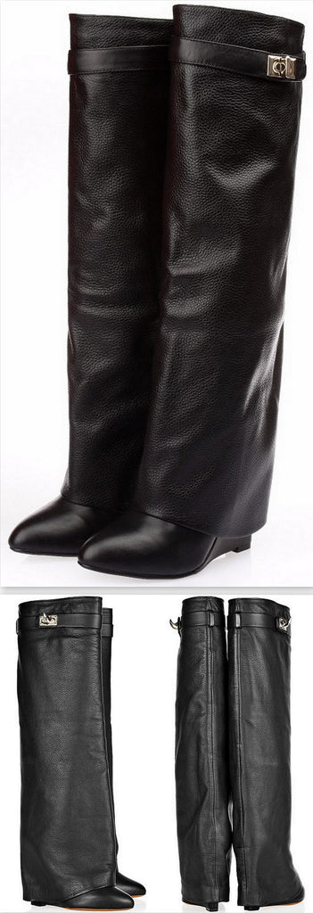 Shark Lock Wedge Knee Leather Boots in Grainy Black - DESIGNER INSPIRED FASHIONS
