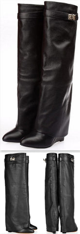 Shark Lock Wedge Knee Leather Boots in Grainy Black - DESIGNER INSPIRED FASHIONS