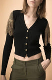 Fringed-Shoulder Cardigan Sweater