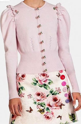 Rose-Button-Embellished Cardigan Sweater