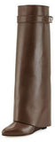 'Shark Lock' Wedge Knee Leather Boots in Chocolate Brown - DESIGNER INSPIRED FASHIONS