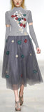 Flower-Appliques Knit and Mesh Dress with Sleeves