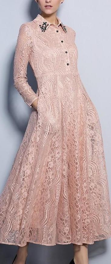 Embellished-Collar Lace Midi Dress