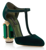 Velvet Mary Jane Pumps with Jewel Heel - Red or Green