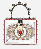 Card Print Leather Box Bag with Appliques