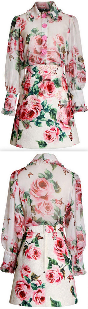 Floral Print Blouse and Jacquard Mini Skirt
