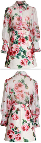 Floral Print Blouse and Jacquard Mini Skirt