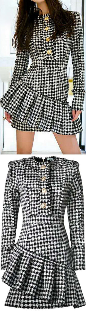 Ruffled Houndstooth Pattern Mini Dress