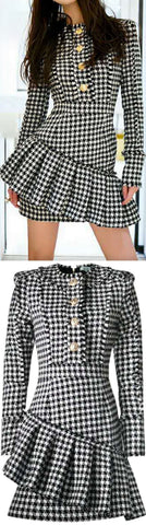 Ruffled Houndstooth Pattern Mini Dress