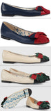 Leather Ballet Flat with Web Bow - White or Blue