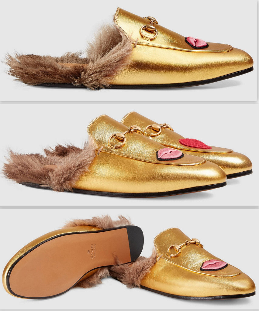 Princetown Fur lined Embroidered Lip & Heart Slipper in Gold - DESIGNER INSPIRED FASHIONS