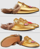 Princetown Fur lined Embroidered Lip & Heart Slipper in Gold - DESIGNER INSPIRED FASHIONS