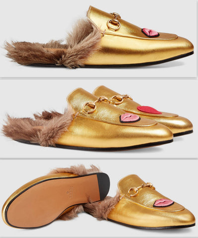 Princetown Fur lined Embroidered Lip & Heart Slipper in Gold - DESIGNER INSPIRED FASHIONS