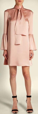 Pleat-Side Tie-Neck Satin Mini Dress, Pink