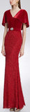 Fringed Flutter-Sleeve Gown, Red