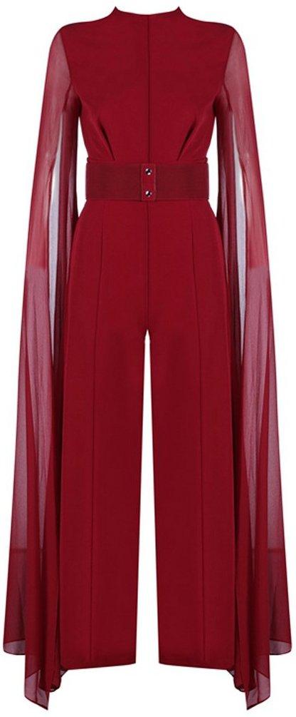 Long-Tulle-Sleeve Jumpsuit, Red