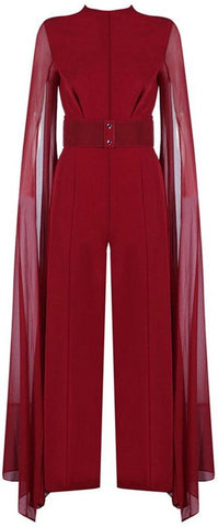 Long-Tulle-Sleeve Jumpsuit, Red
