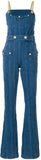 Denim Jumpsuit with Chain Straps and Gold Lion Head Button Detail