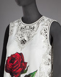 Embroidered Rose Printed White Mini Shift Dress - DESIGNER INSPIRED FASHIONS