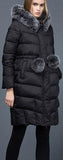 Thick Puffer Coat with Fur Trim Hood and Pom Poms, Black