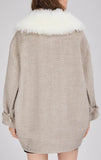 Chevron Oversized Short Wool Coat with Fur Collar