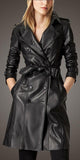 Black Genuine Leather Double-Breasted Trench Coat - DESIGNER INSPIRED FASHIONS