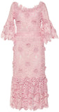 Pink Ruffled Blossom Lace Midi Dress