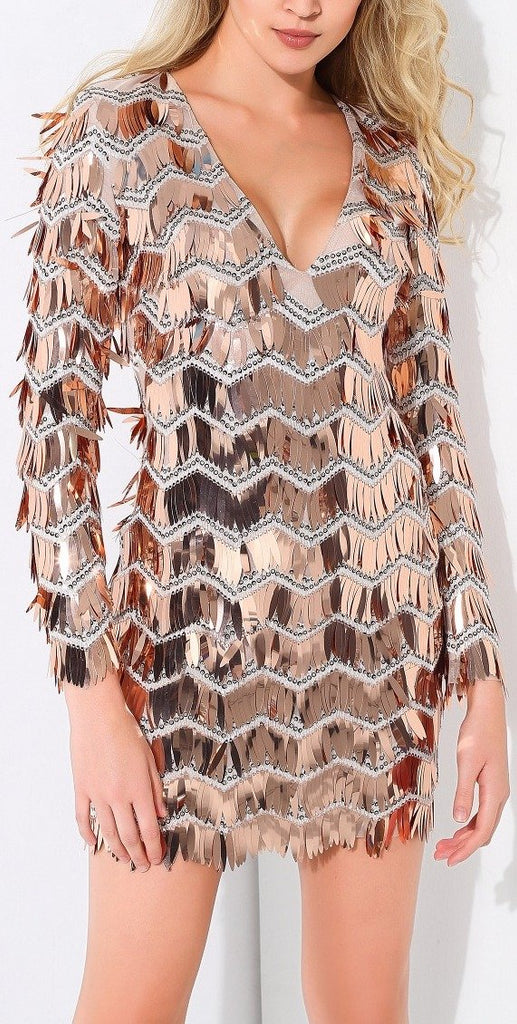 Sequin-Embellished V-Neck Mini Dress