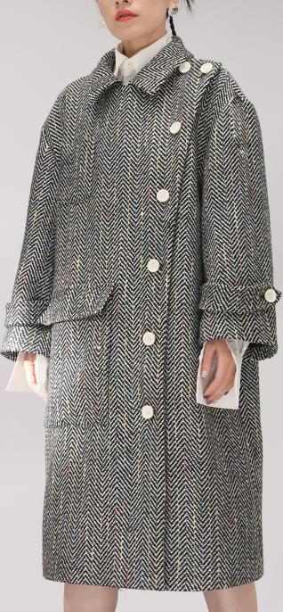 Side-Closure Chevron Pattern Wool Blend Coat