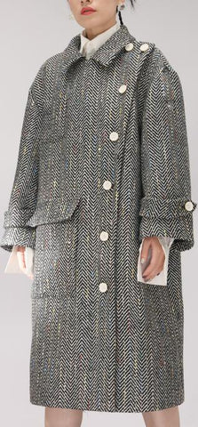 Side-Closure Chevron Pattern Wool Blend Coat