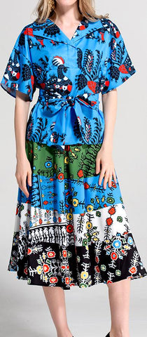 Printed Top and Paneled Printed Skirt Set
