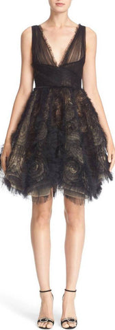Black Embroidered Tulle Fit & Flare Dress