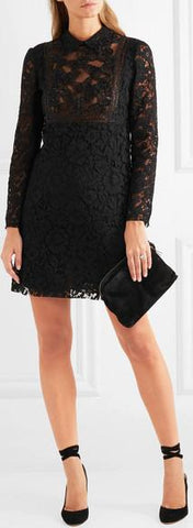 Black Corded Lace and Beaded Tulle Mini Dress