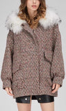 Fur-Hooded Multi Colored Short Wool Coat