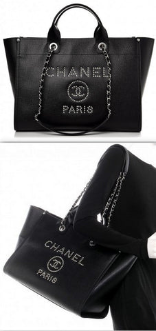 Caviar Medium Studded Deauville Tote Black