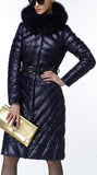 Paneled Puffer Coat with Removable Fur, Blue