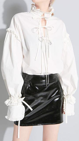 Ruffle Lace-up Shirt, White