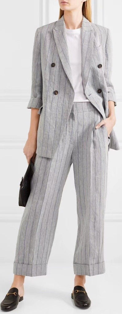 Double-Breasted Pinstriped Linen Blazer and Trouser Set