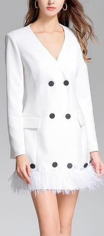 Feather-Trim Blazer-Dress, White