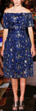 Blue Floral Appliques Off-the-Shoulder Dress