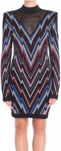 Black Chevron Pattern Mesh Panel Knit Mini Dress