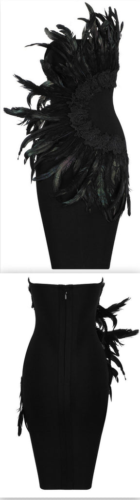 Feather-Embellished Strapless Embroidered Mini Dress
