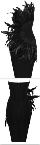 Feather-Embellished Strapless Embroidered Mini Dress