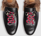 Princetown Fur lined Leather Embroidered Snake Slipper in Black - DESIGNER INSPIRED FASHIONS