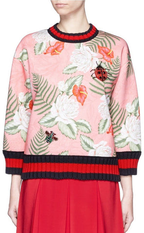 Stripe Rib Embellished Tropical Print Scuba Jersey Sweatshirt in Pink - DESIGNER INSPIRED FASHIONS