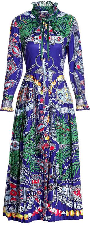Printed Ruffle-Trim Midi Dress