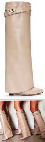'Shark Lock' Wedge Knee Leather Boots in Beige - DESIGNER INSPIRED FASHIONS